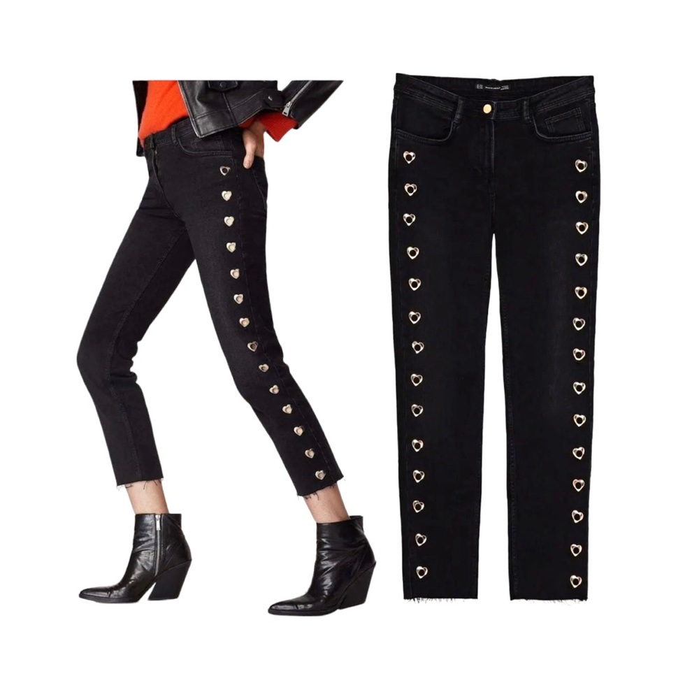 Zara Metal Heart Grommets Ankle Grazer Mid Rise Jeans Raw Hem Black Distressed 2